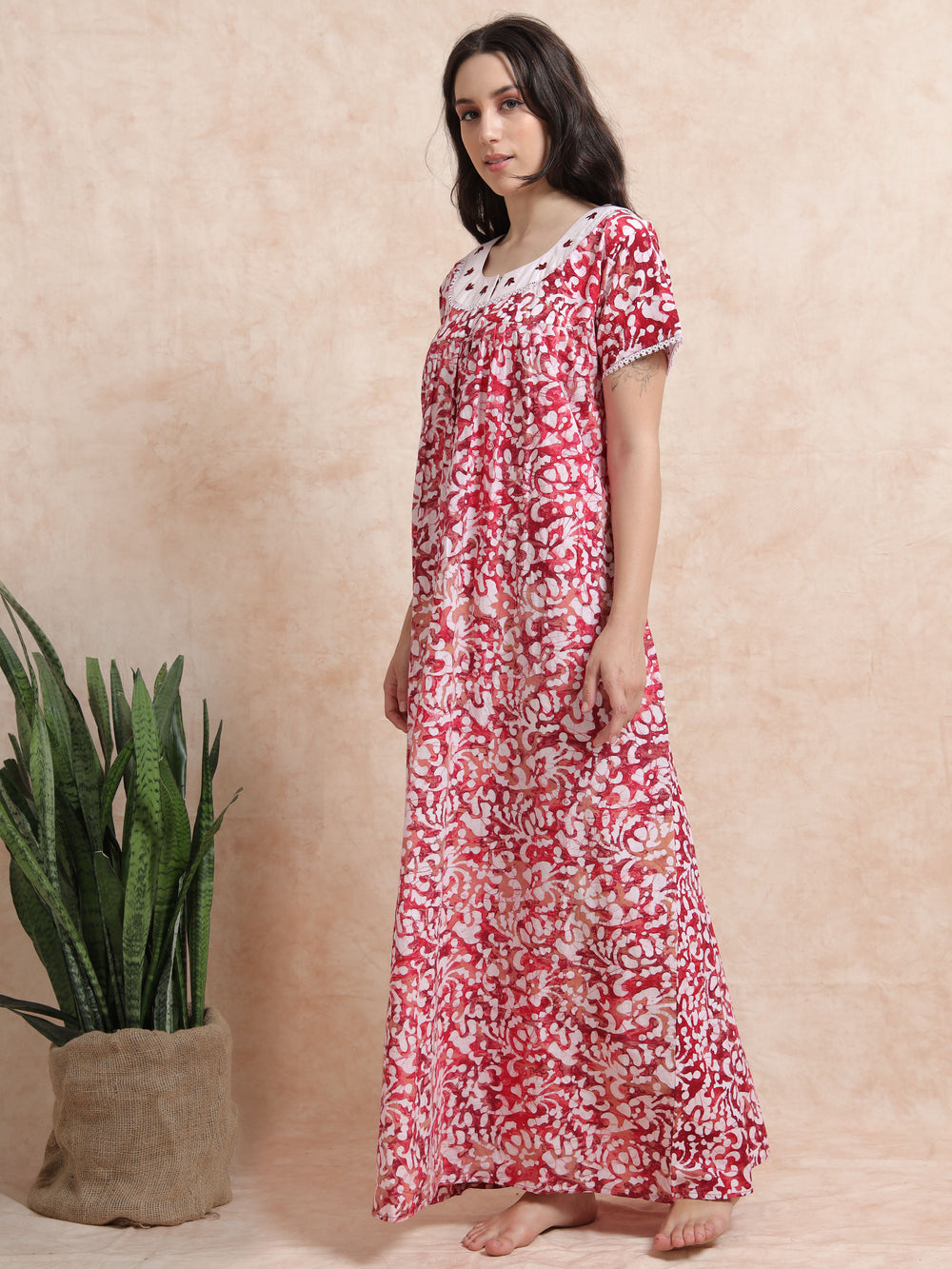 Red Pink Batik Print Pure Cotton Nighty for Women