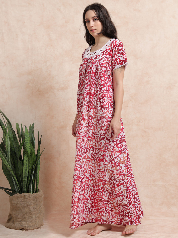 Red Pink Batik Print Pure Cotton Nighty for Women