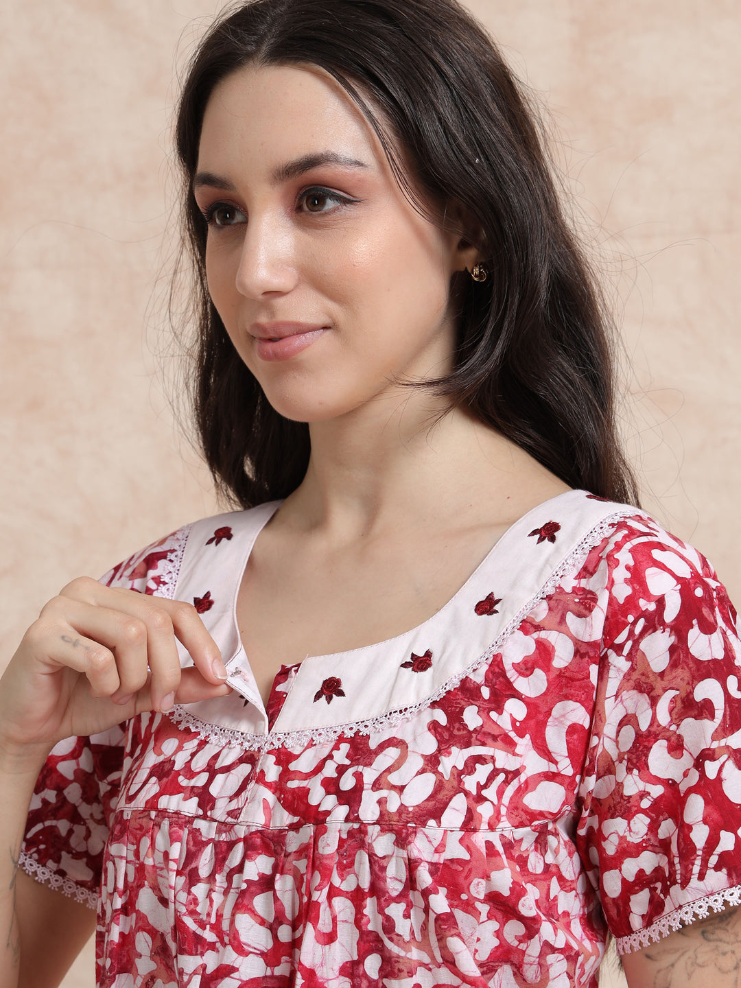 Red Pink Batik Print Pure Cotton Nighty for Women