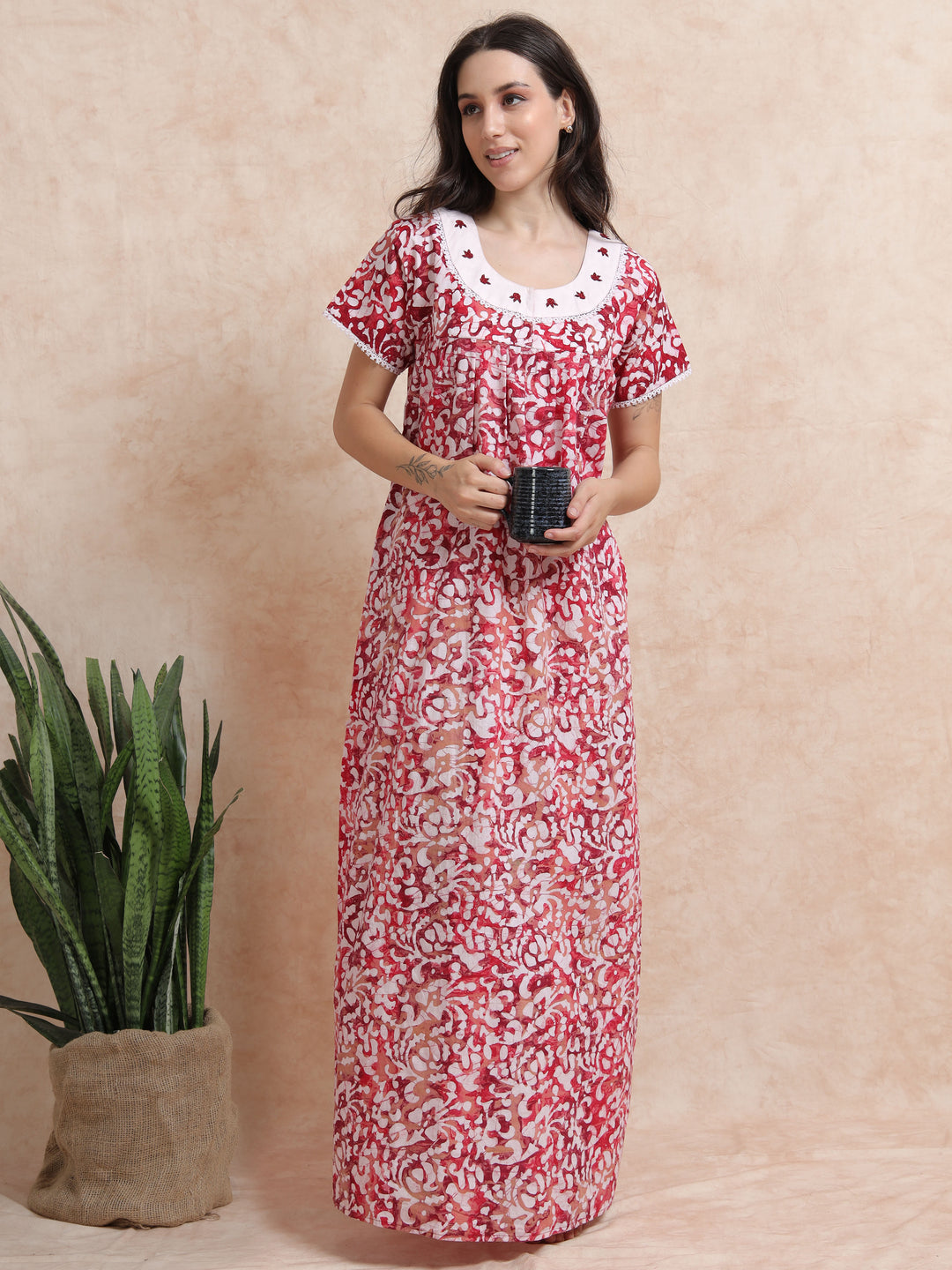 Red Pink Batik Print Pure Cotton Nighty for Women