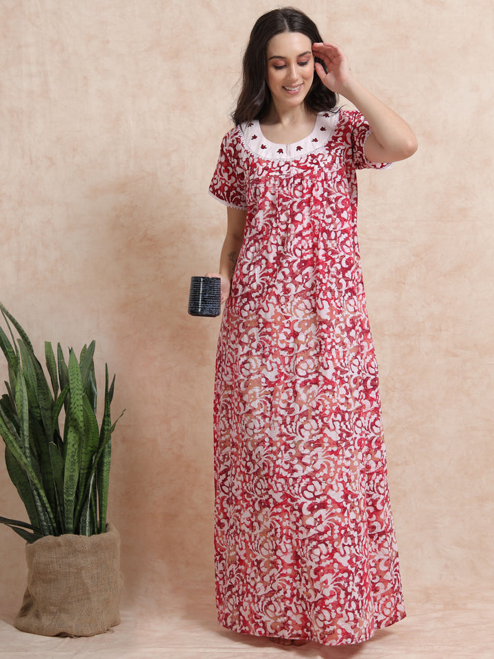 Red Pink Batik Print Pure Cotton Nighty for Women