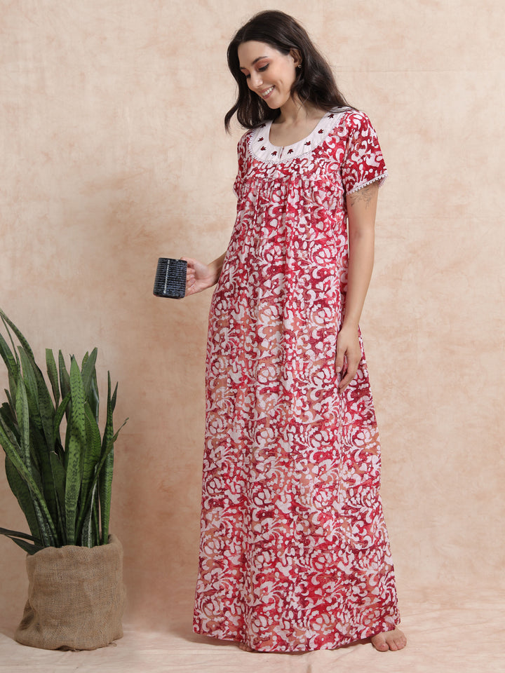 Red Pink Batik Print Pure Cotton Nighty for Women