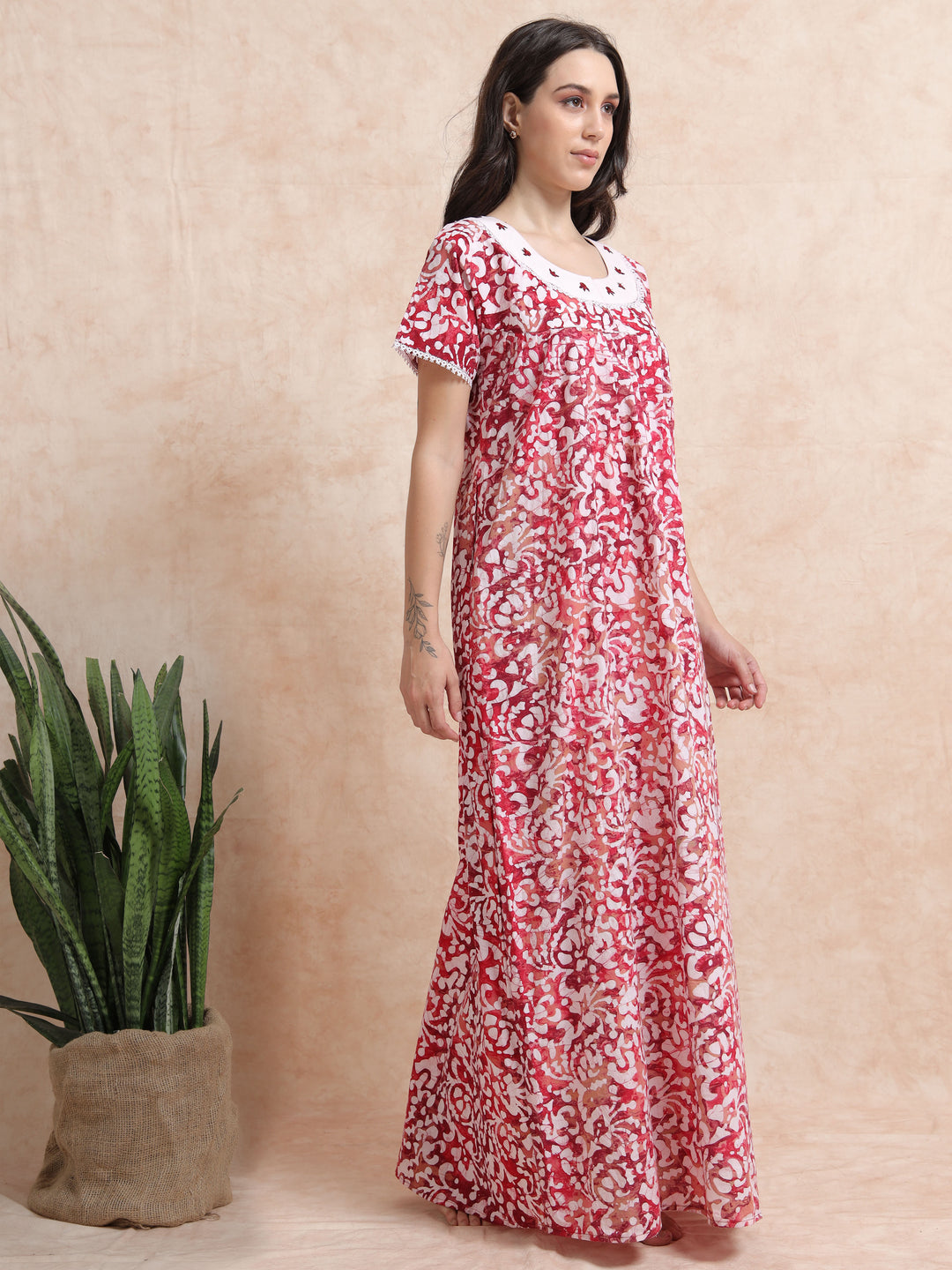 Red Pink Batik Print Pure Cotton Nighty for Women