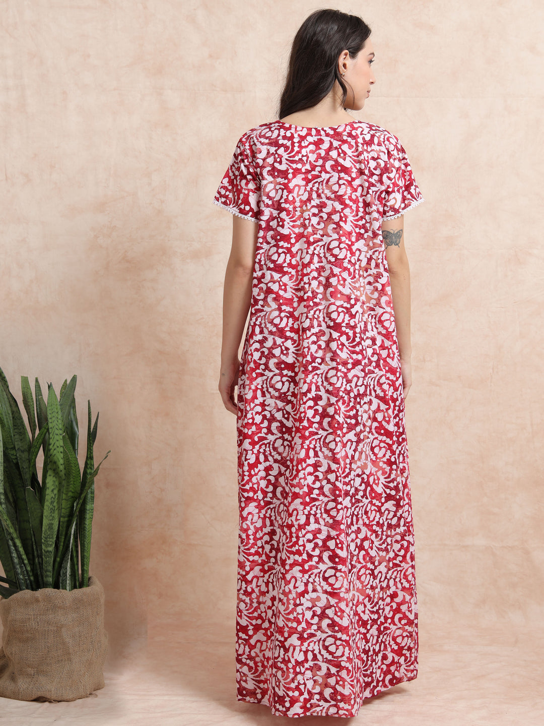 Red Pink Batik Print Pure Cotton Nighty for Women