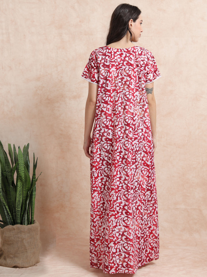 Red Pink Batik Print Pure Cotton Nighty for Women