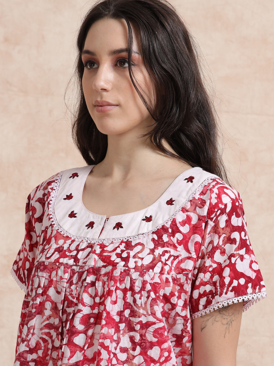 Red Pink Batik Print Pure Cotton Nighty for Women