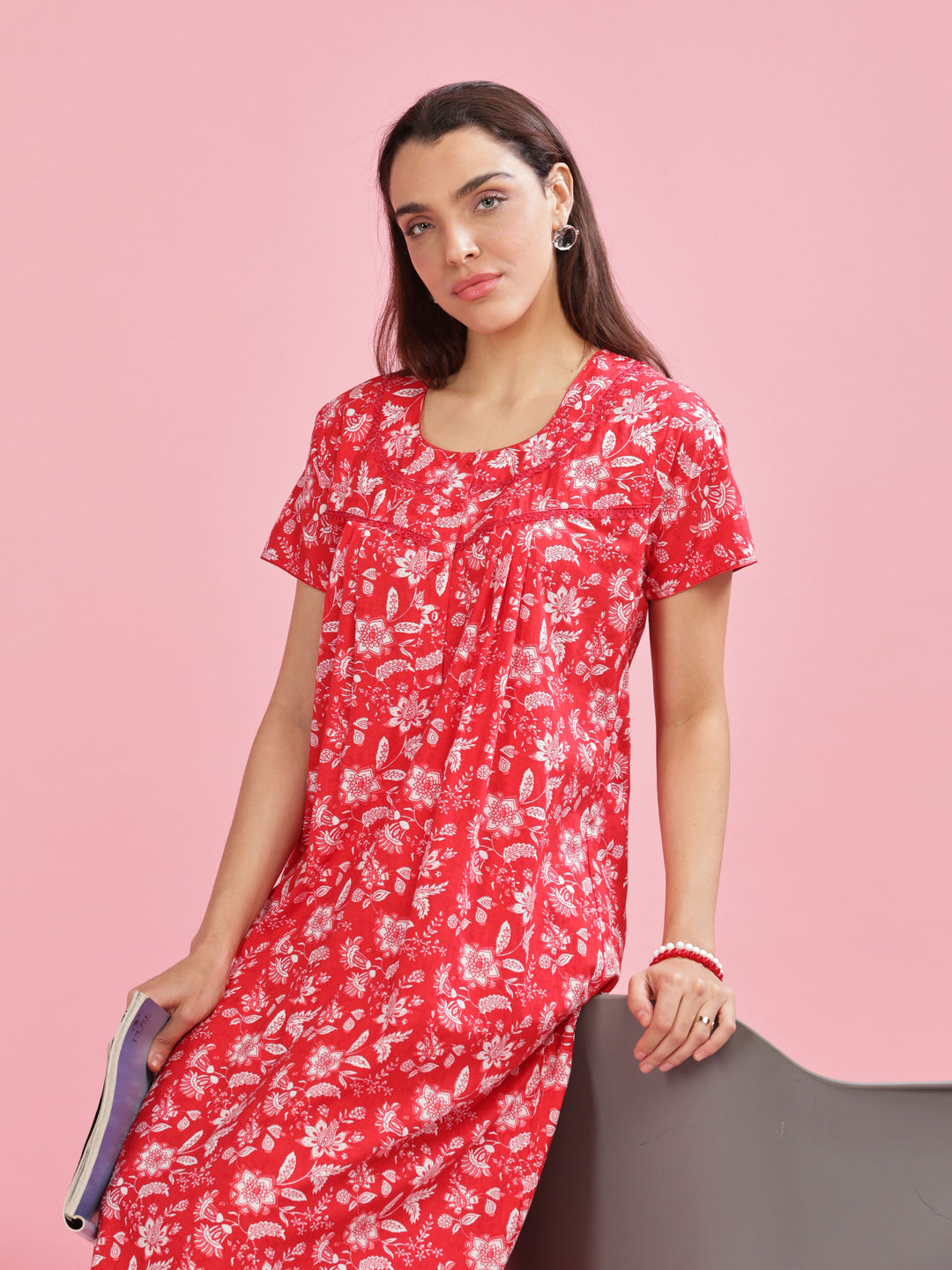 Stylish Red Printed Pure Cotton Nighty for Women 