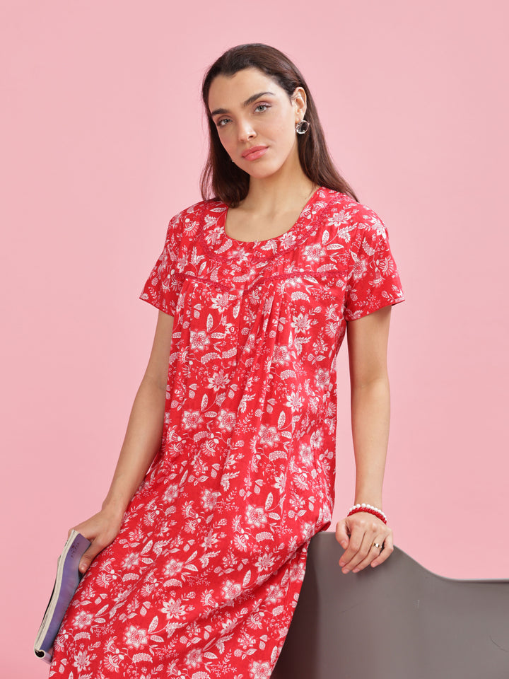 Stylish Red Printed Pure Cotton Nighty for Women 