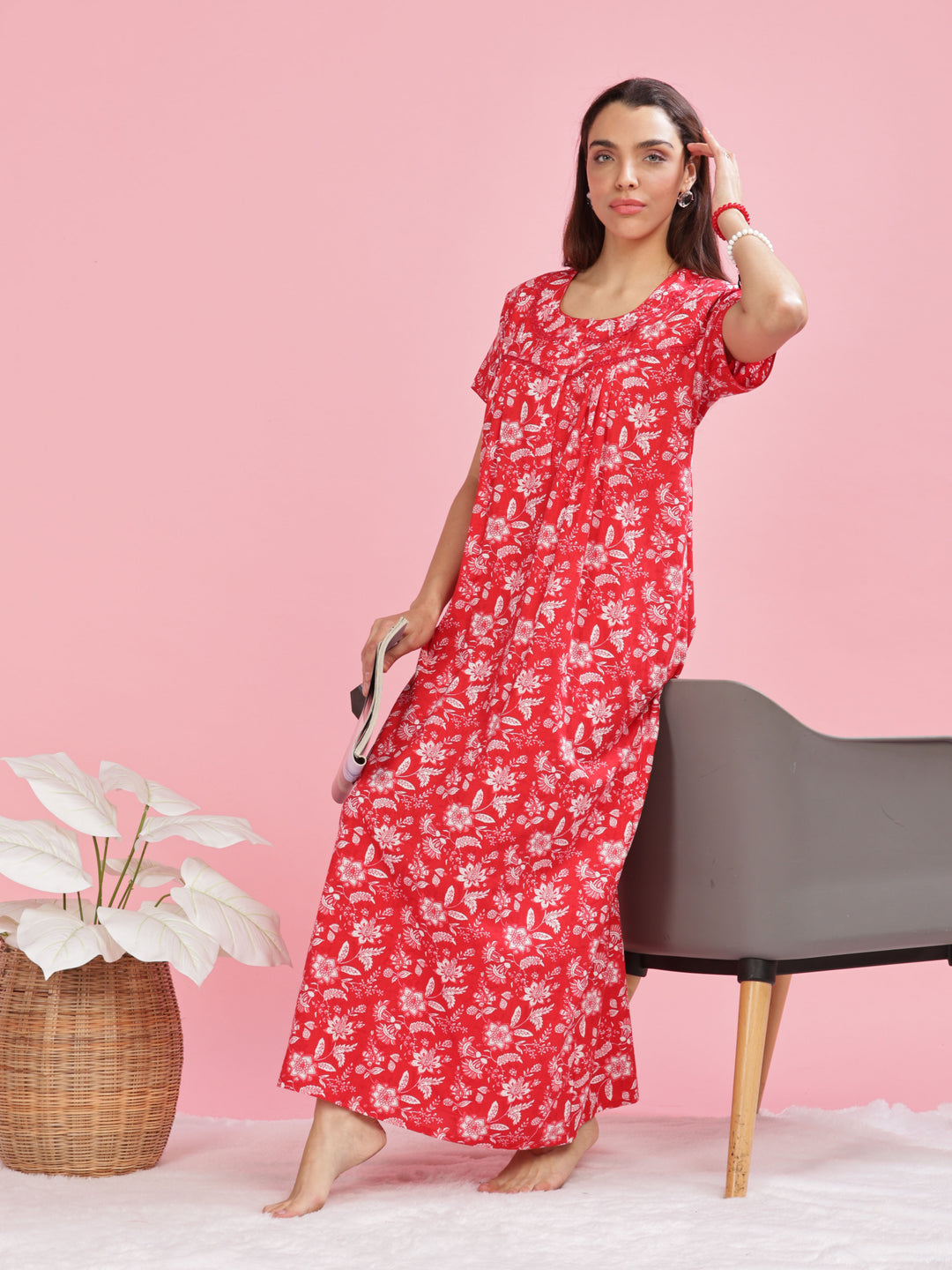 Stylish Red Printed Pure Cotton Nighty for Women 
