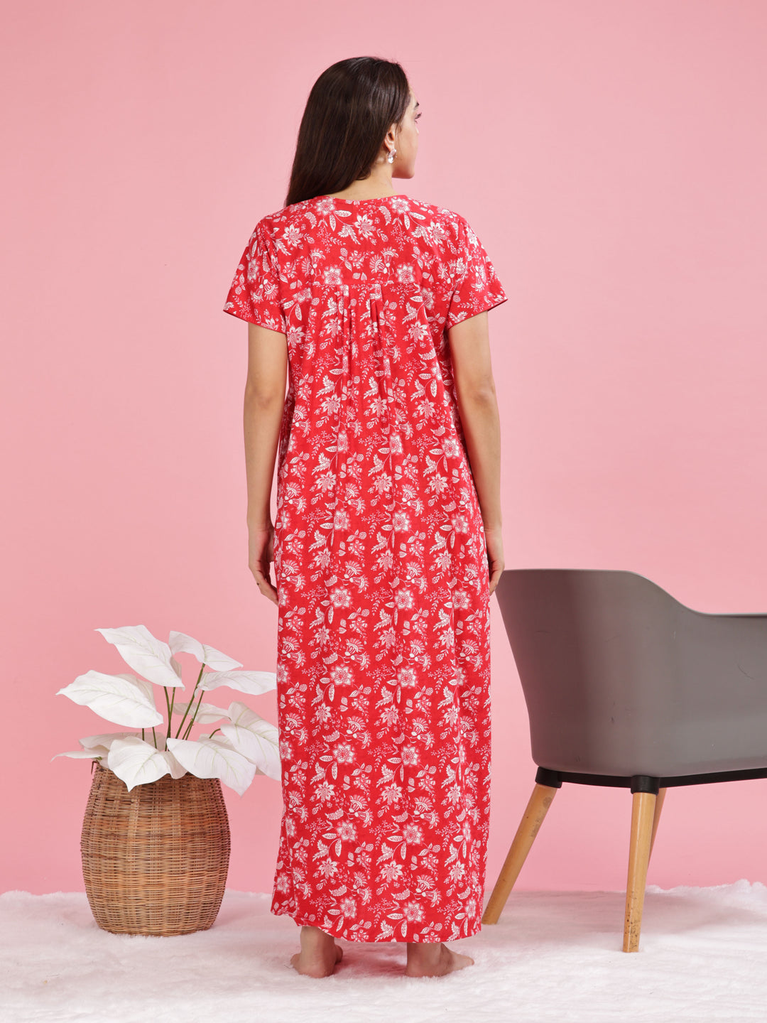 Stylish Red Printed Pure Cotton Nighty for Women 