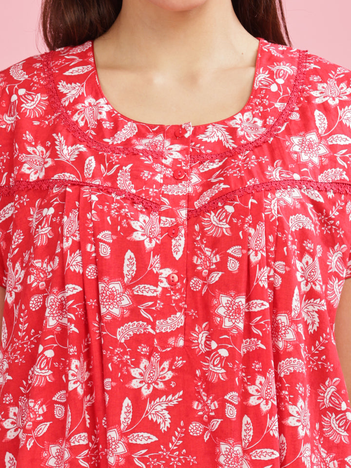 Stylish Red Printed Pure Cotton Nighty for Women 