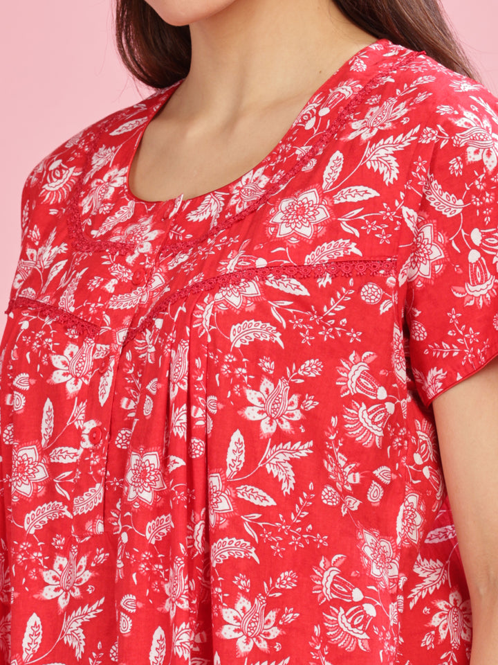 Stylish Red Printed Pure Cotton Nighty for Women 