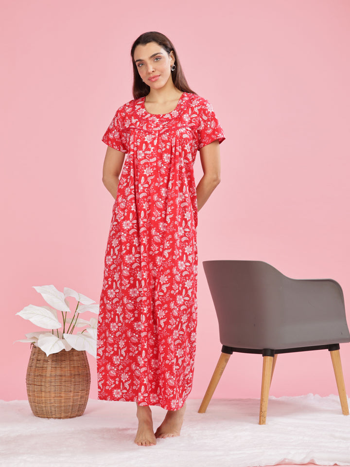 Stylish Red Printed Pure Cotton Nighty for Women 