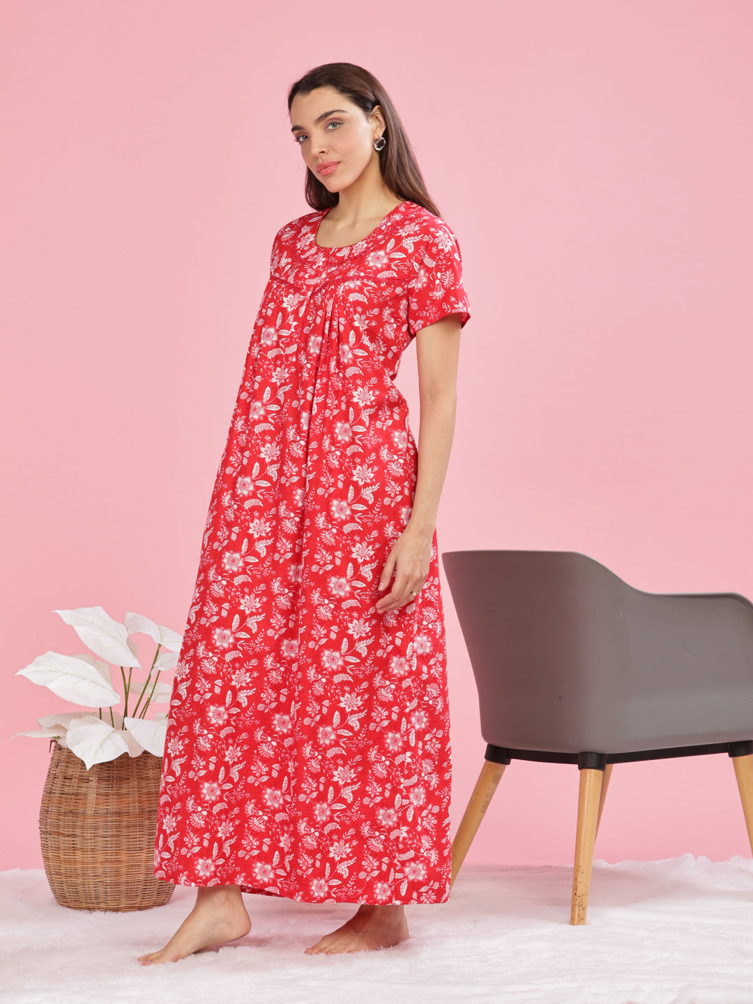 Stylish Red Printed Pure Cotton Nighty for Women 