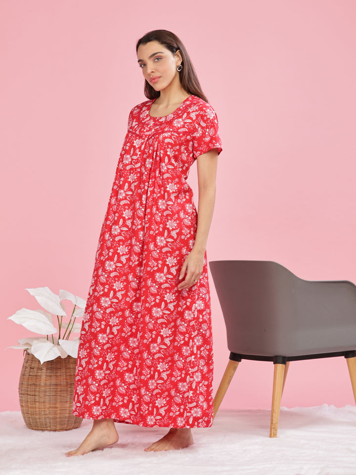 Stylish Red Printed Pure Cotton Nighty for Women 