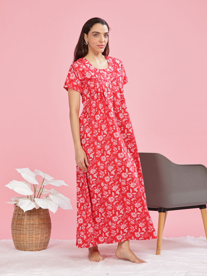 Stylish Red Printed Pure Cotton Nighty for Women 