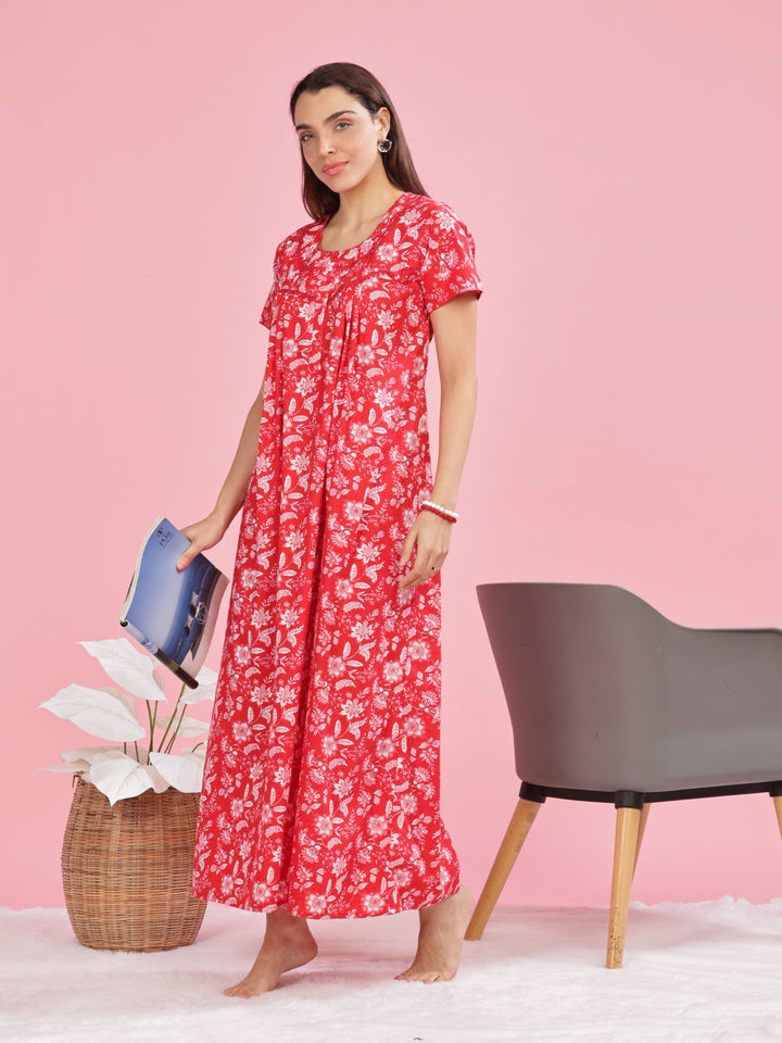 Stylish Red Printed Pure Cotton Nighty for Women 
