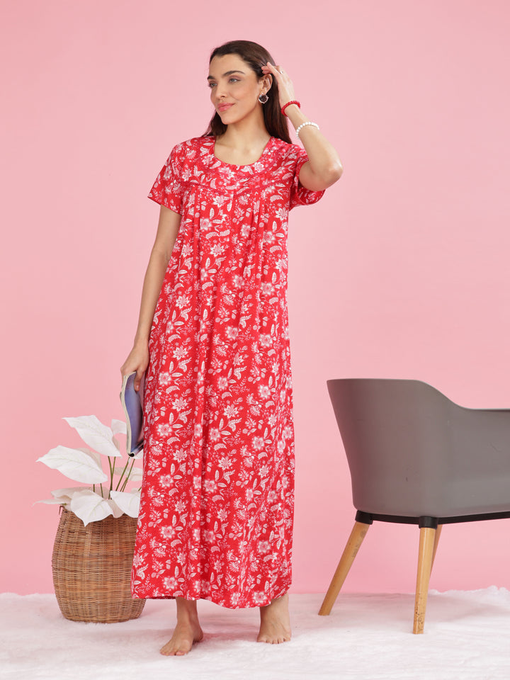 Stylish Red Printed Pure Cotton Nighty for Women 