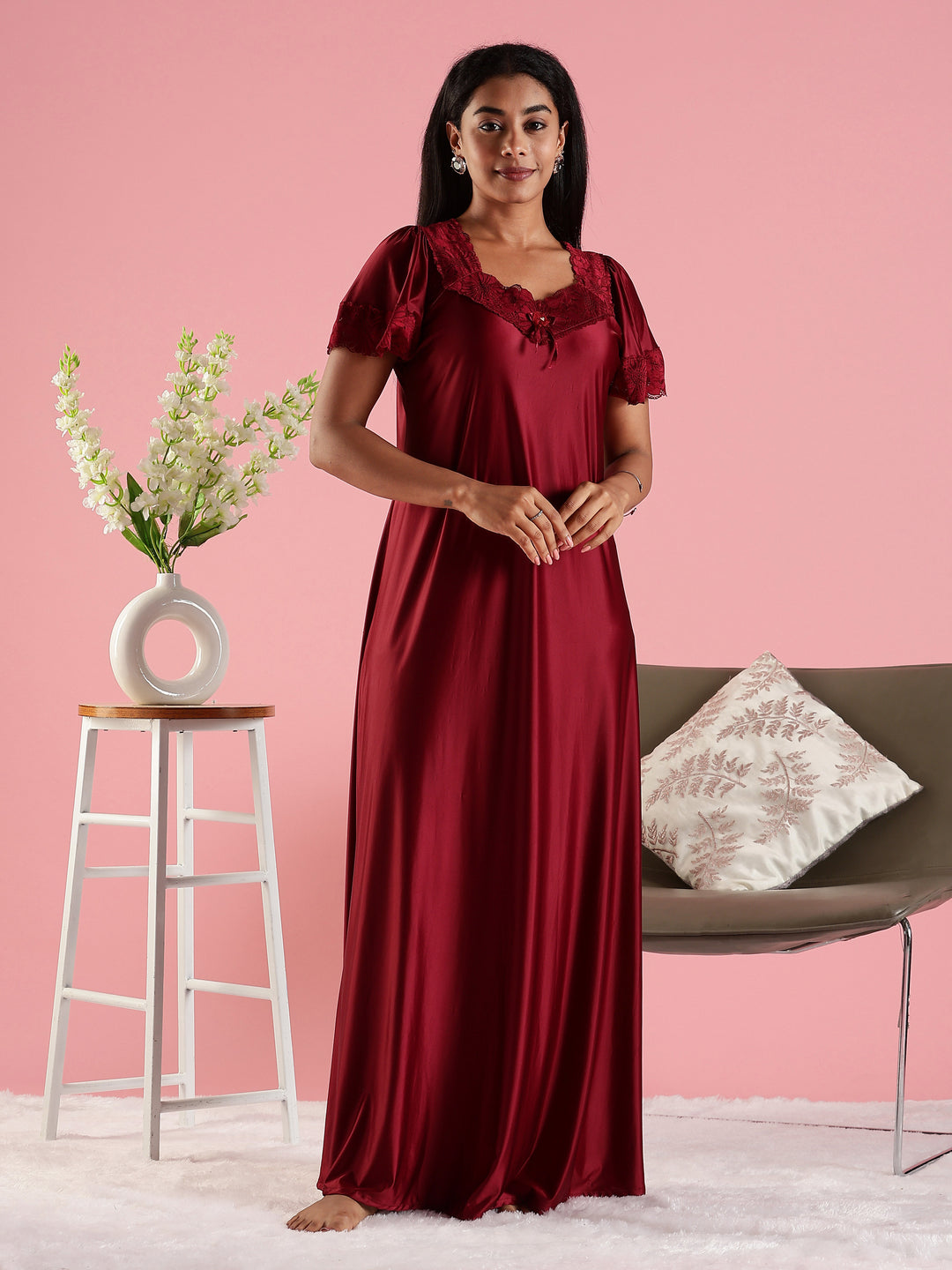 Mulberry Red Satin Nightdress for Women with Designer Lace