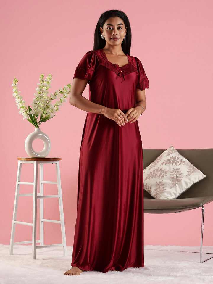 Mulberry Red Satin Nightdress for Women with Designer Lace