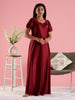 Mulberry Red Satin Nighty for Women with Lace Neckline and Sleeves