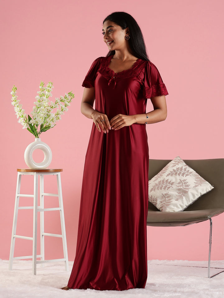 Mulberry Red Satin Nightdress for Women with Designer Lace
