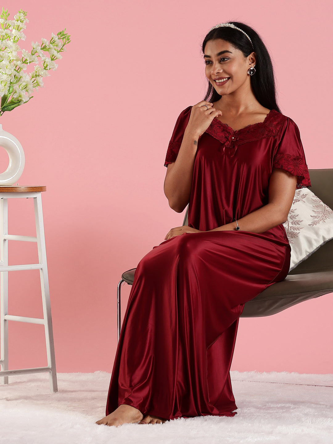 Mulberry Red Satin Nightdress for Women with Designer Lace