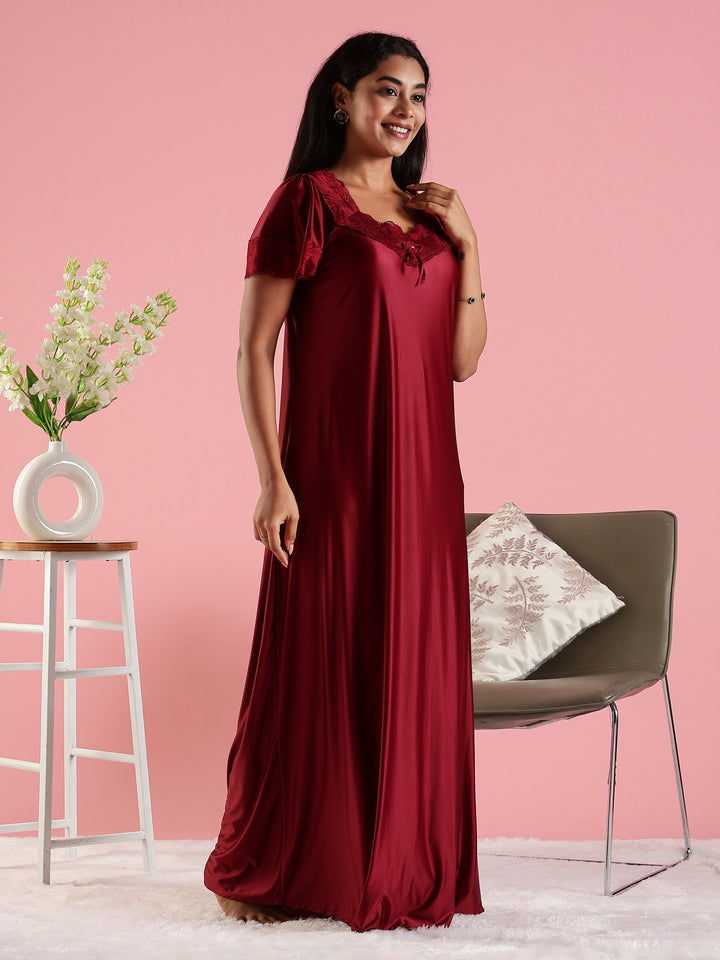 Mulberry Red Satin Nightdress for Women with Designer Lace