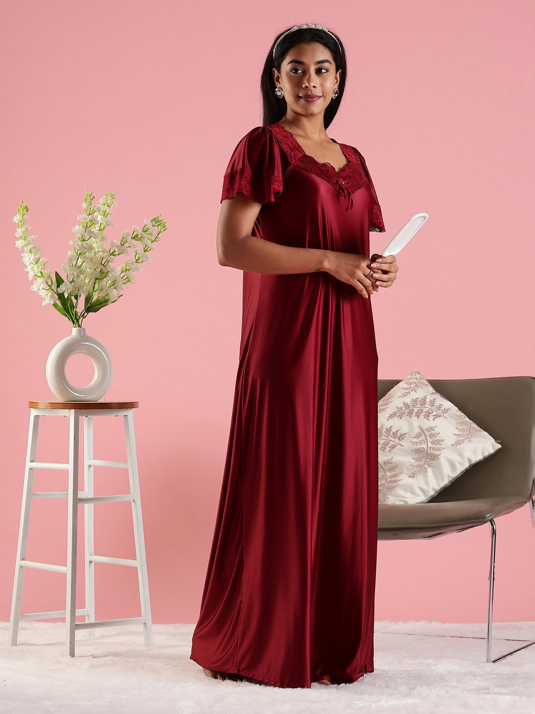 Mulberry Red Satin Nightdress for Women with Designer Lace