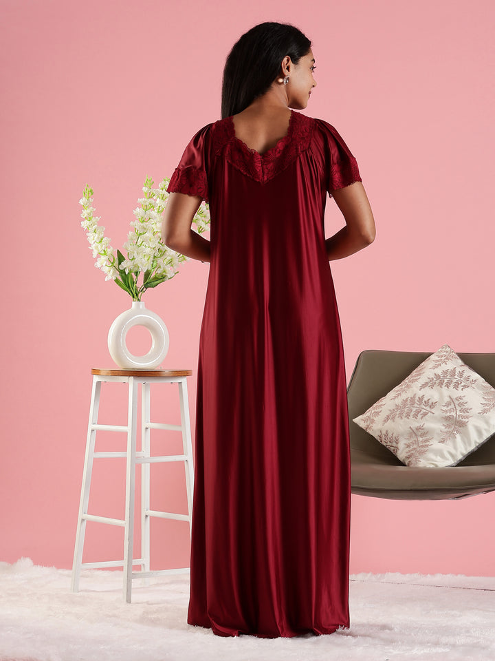 Mulberry Red Satin Nightdress for Women with Designer Lace