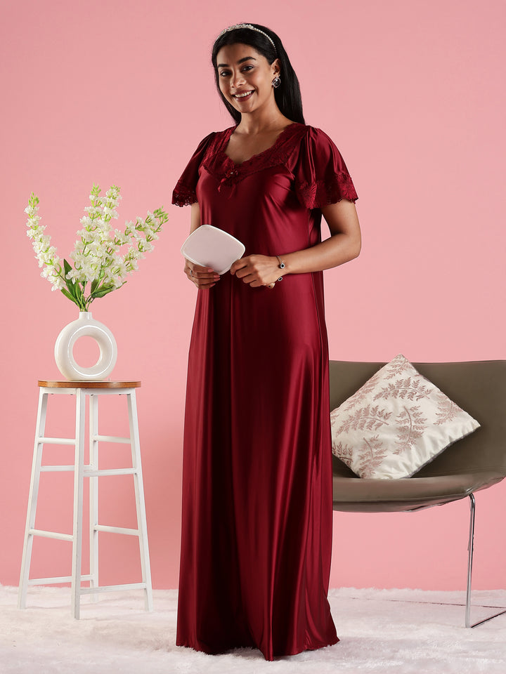 Mulberry Red Satin Nightdress for Women with Designer Lace