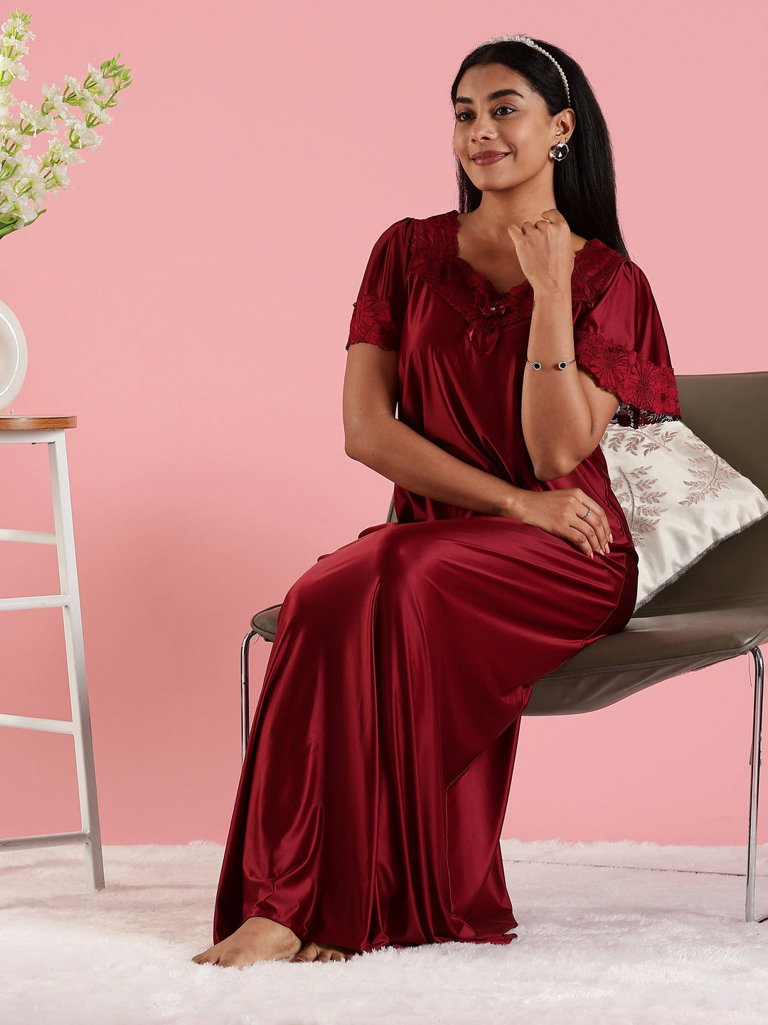 Mulberry Red Satin Nightdress for Women with Designer Lace