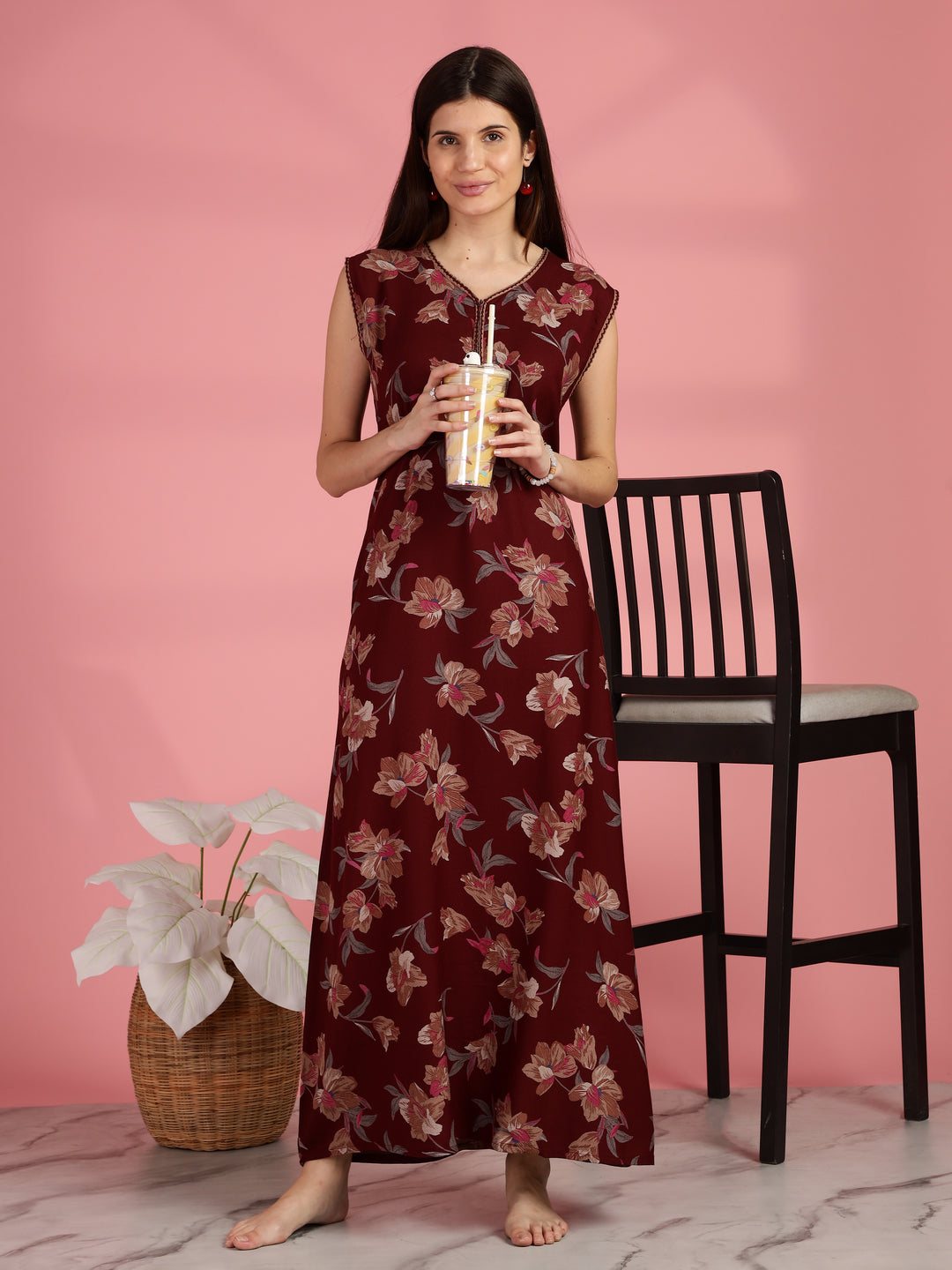 Red Floral Sleeveless Front Open Nighty For Women