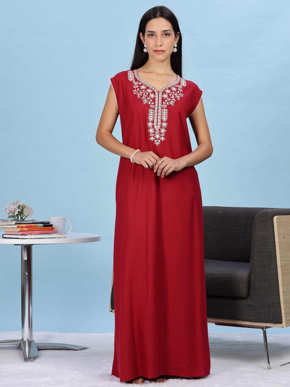 Red Embroidered Sleeveless Nighty for Women