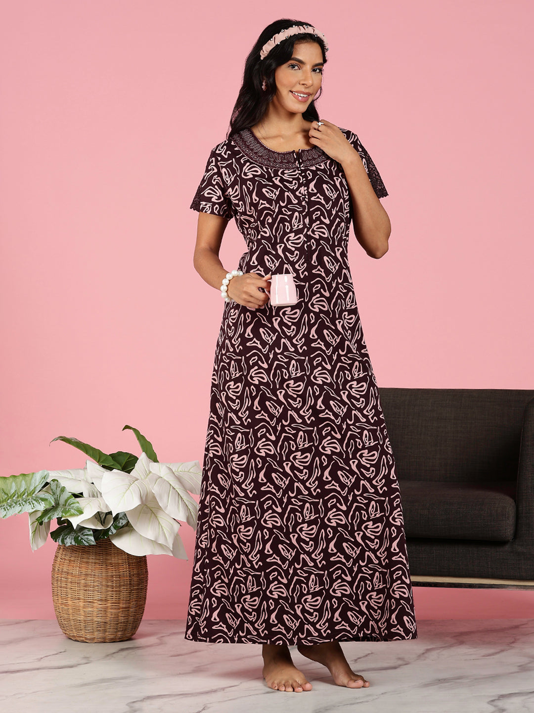 Rose Blossom Hosiery Cotton Nighty For Women with Embroidery