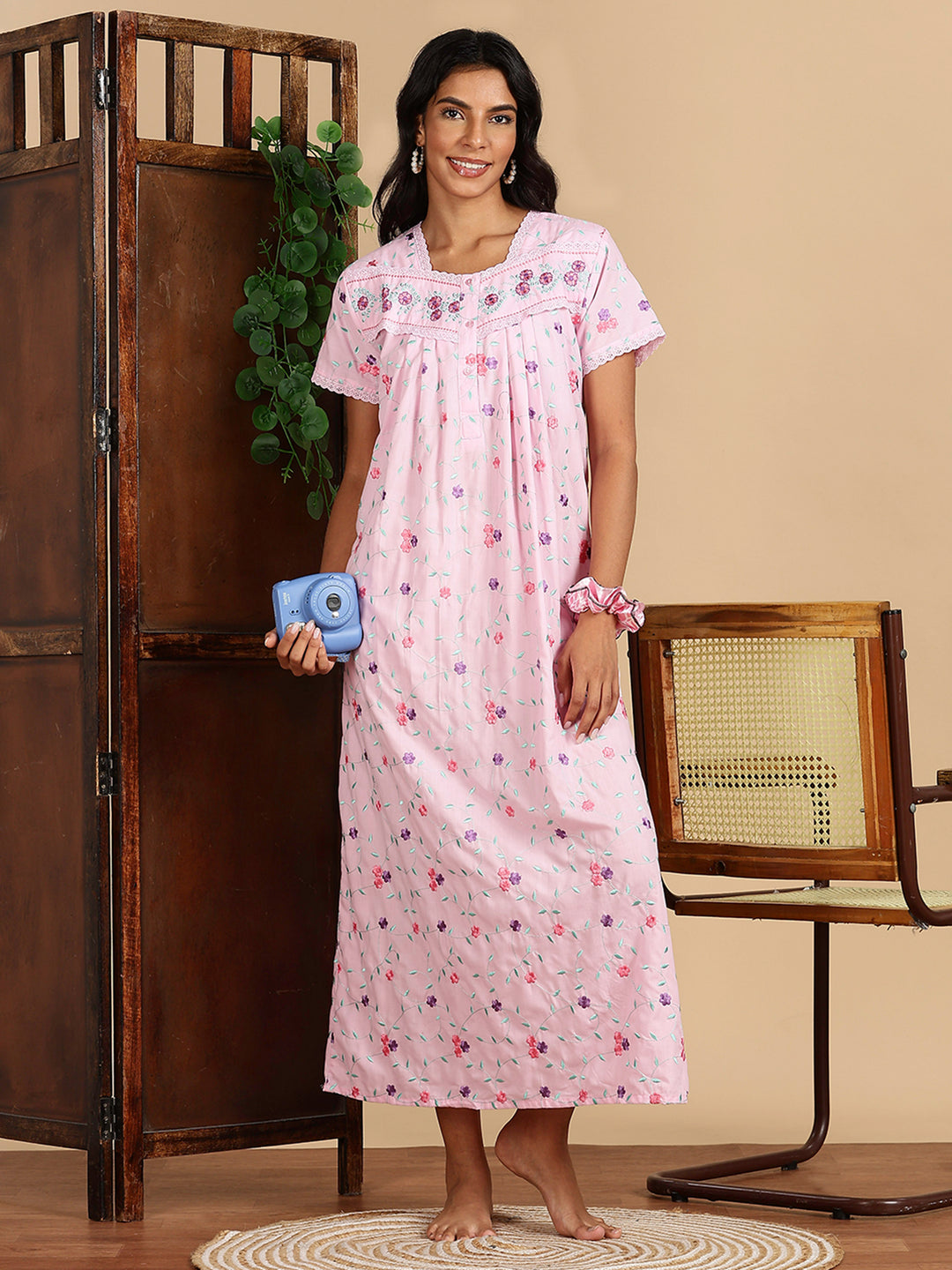 Lilac Rose Pink Branded Cotton Nighty Online with Embroidery