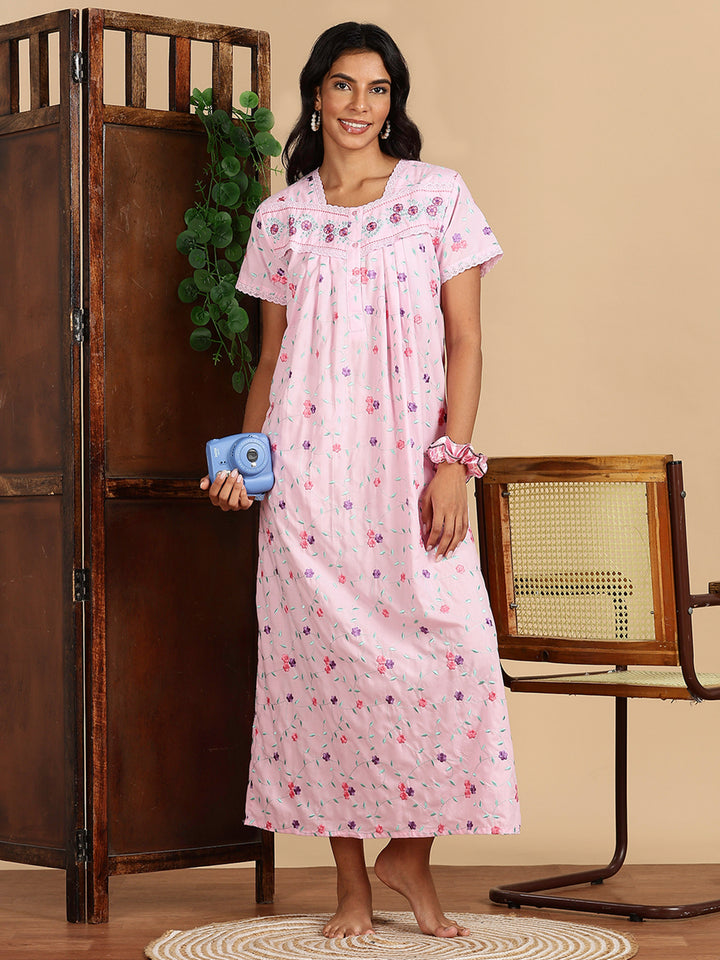 Lilac Rose Pink Branded Cotton Nighty Online with Embroidery
