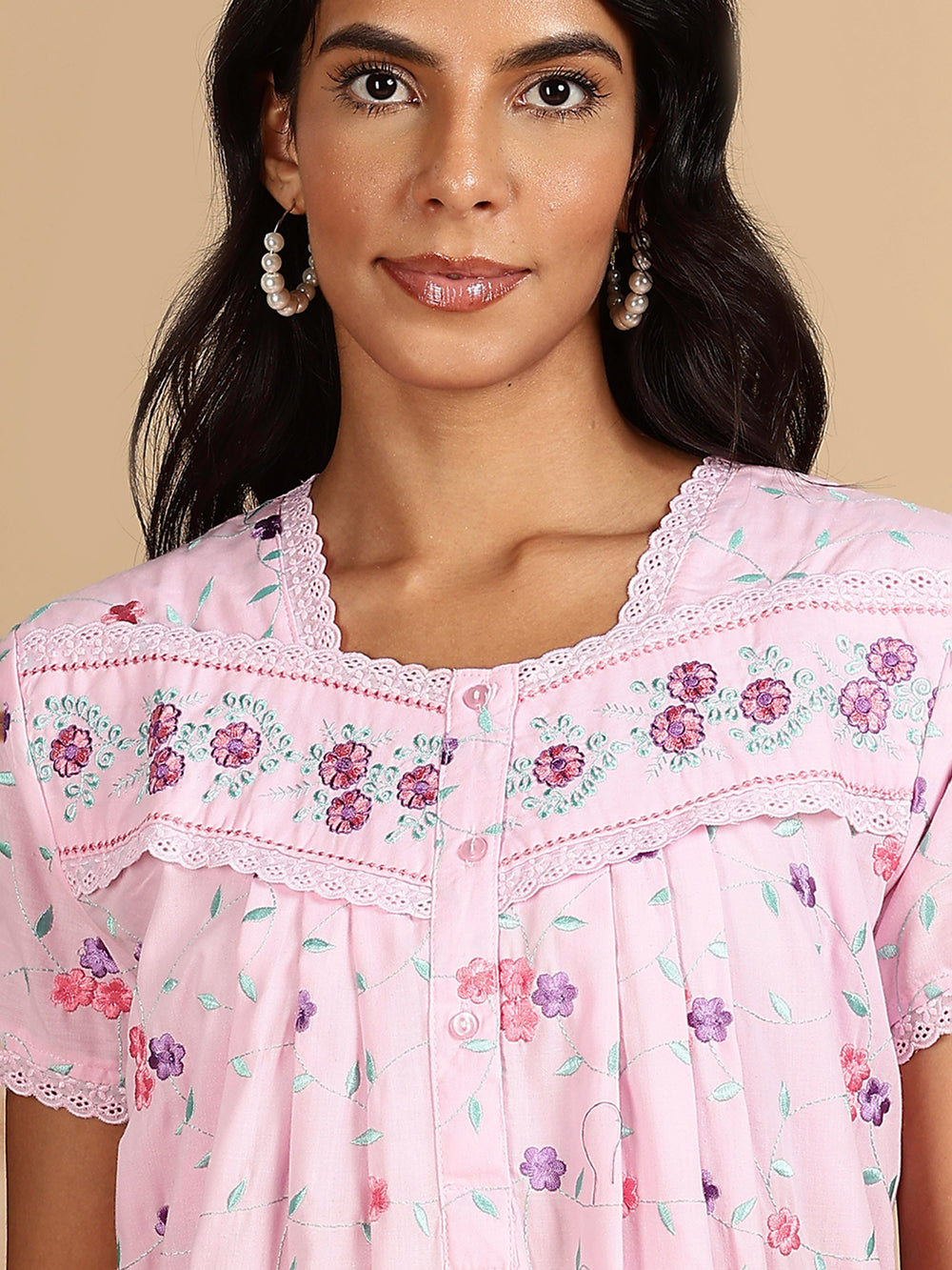 Lilac Rose Pink Branded Cotton Nighty Online with Embroidery