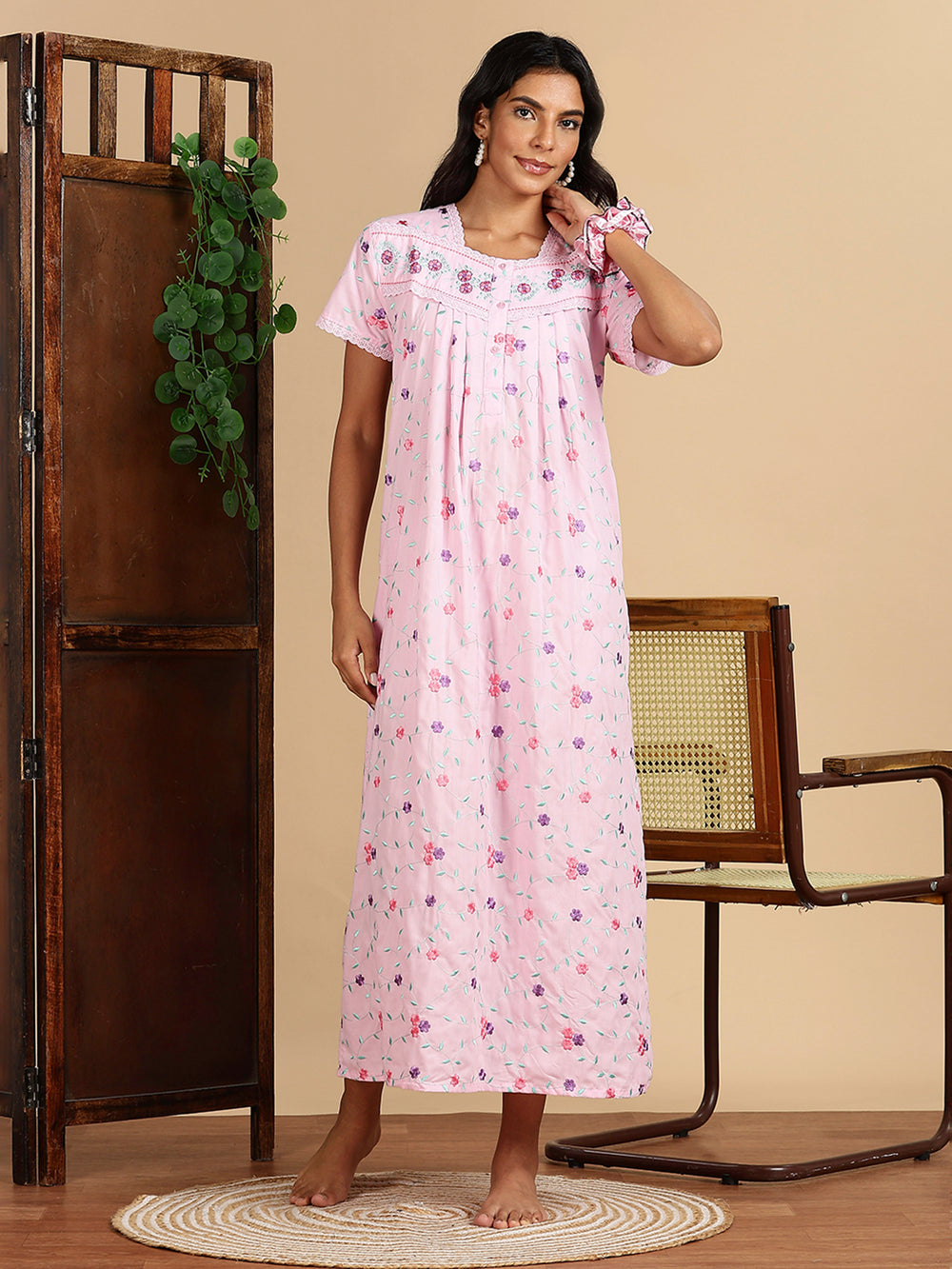 Rose Pink branded cotton nighty with embroidery