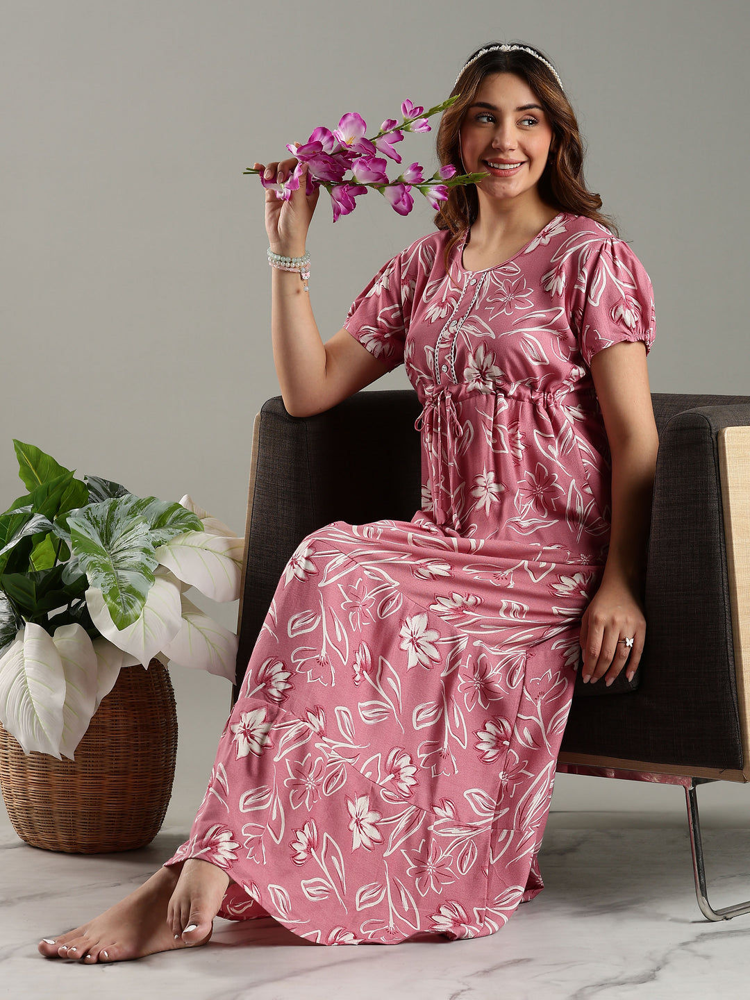 Rose Pink Floral Frock Type Nighty for Women
