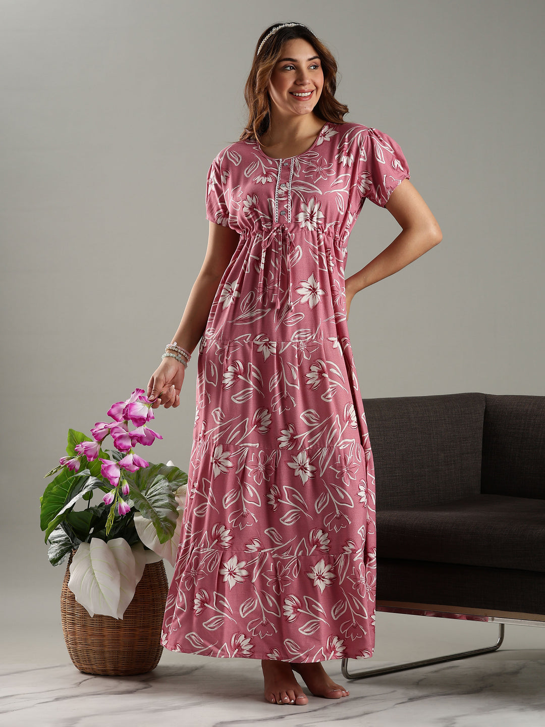Rose Pink Floral Frock Type Nighty for Women