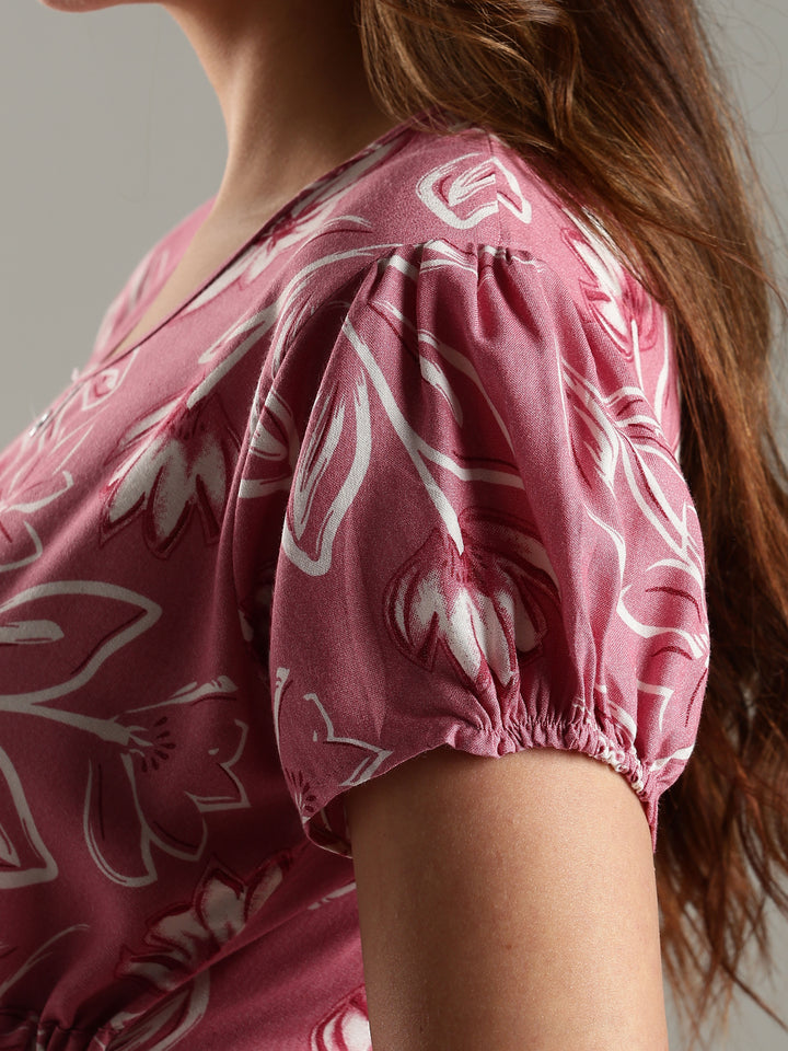 Rose Pink Floral Frock Type Nighty for Women