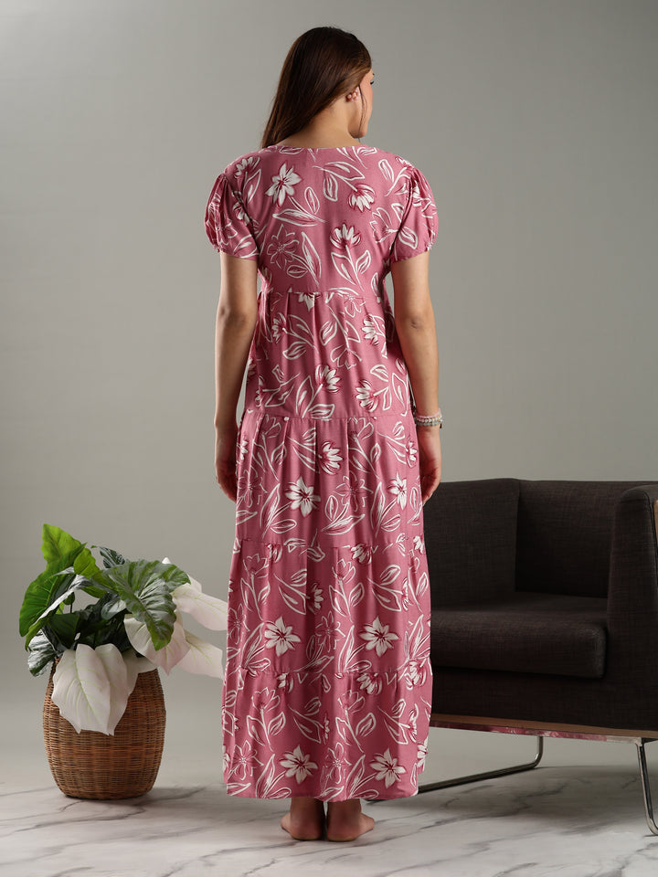 Rose Pink Floral Frock Type Nighty for Women