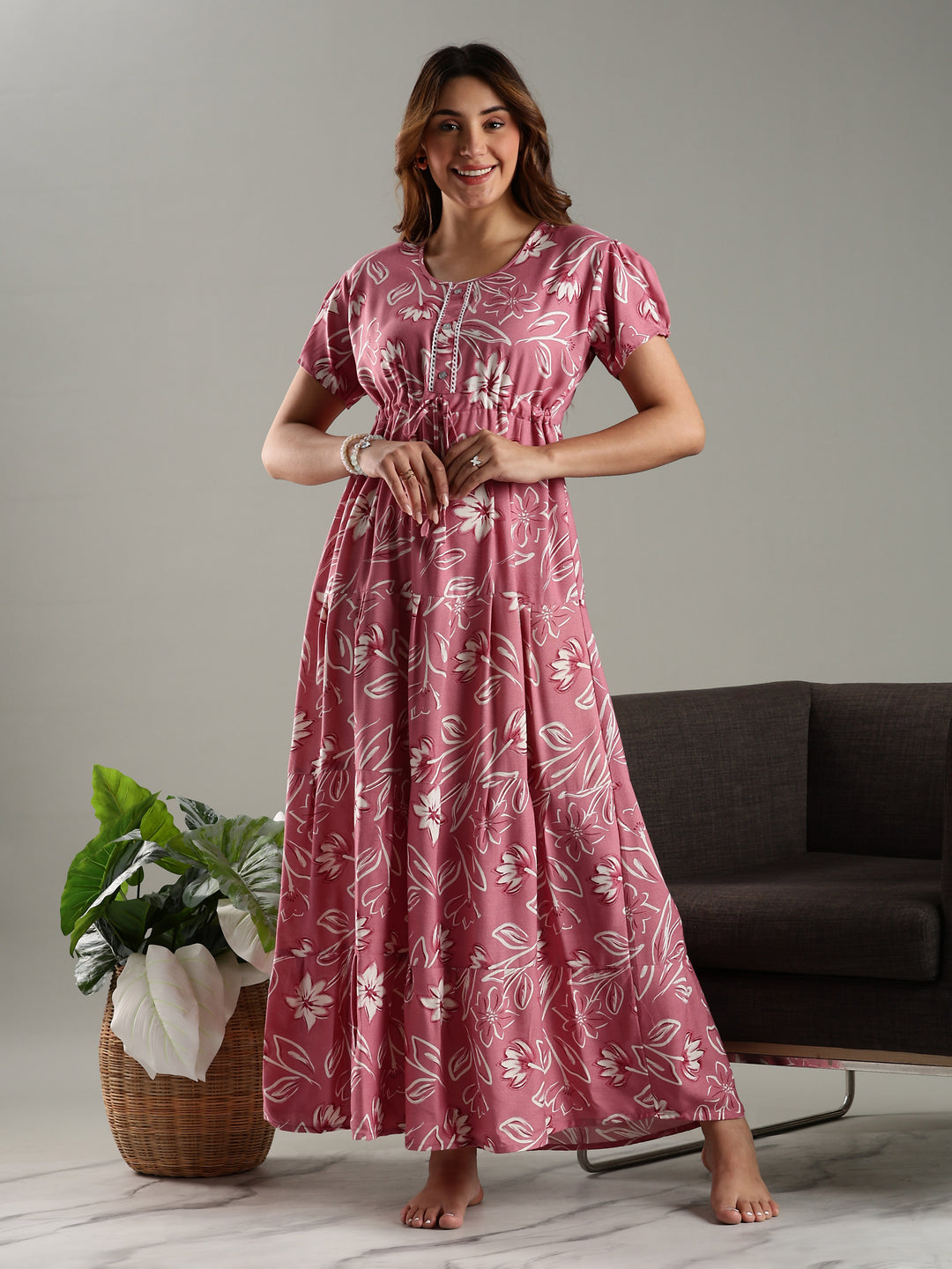 Rose Pink Floral Frock Type Nighty for Women