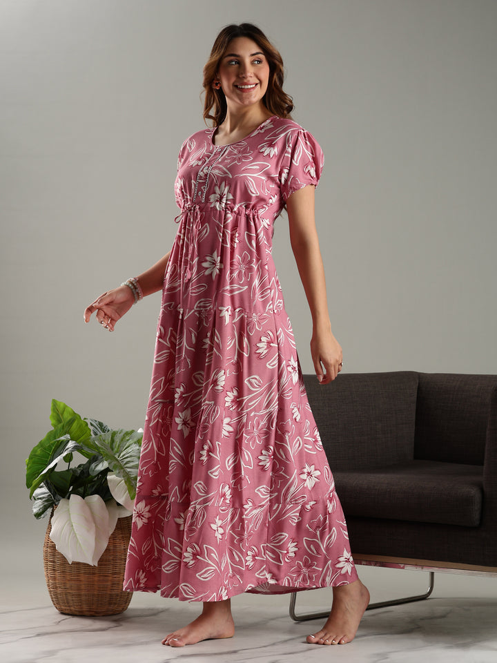 Rose Pink Floral Frock Type Nighty for Women