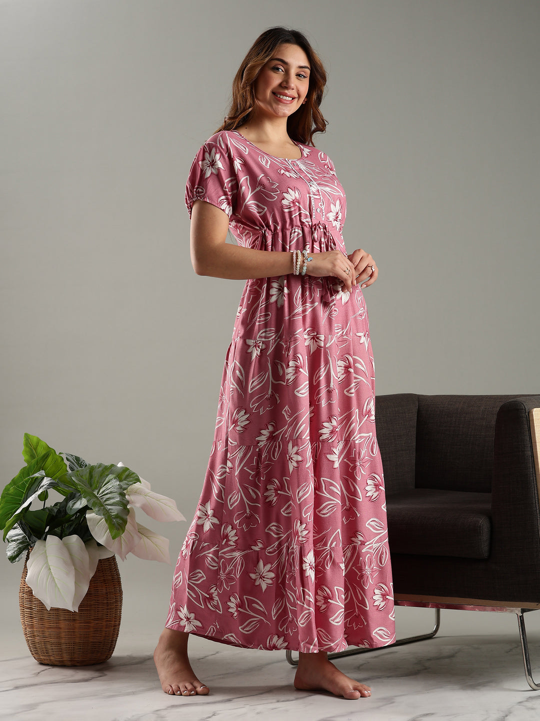 Rose Pink Floral Frock Type Nighty for Women