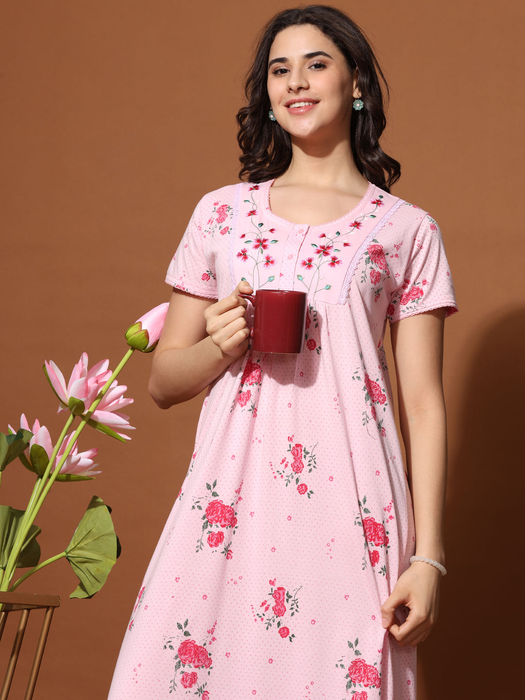 Rose Pink Cotton Blend Front Open Nighty for Women 