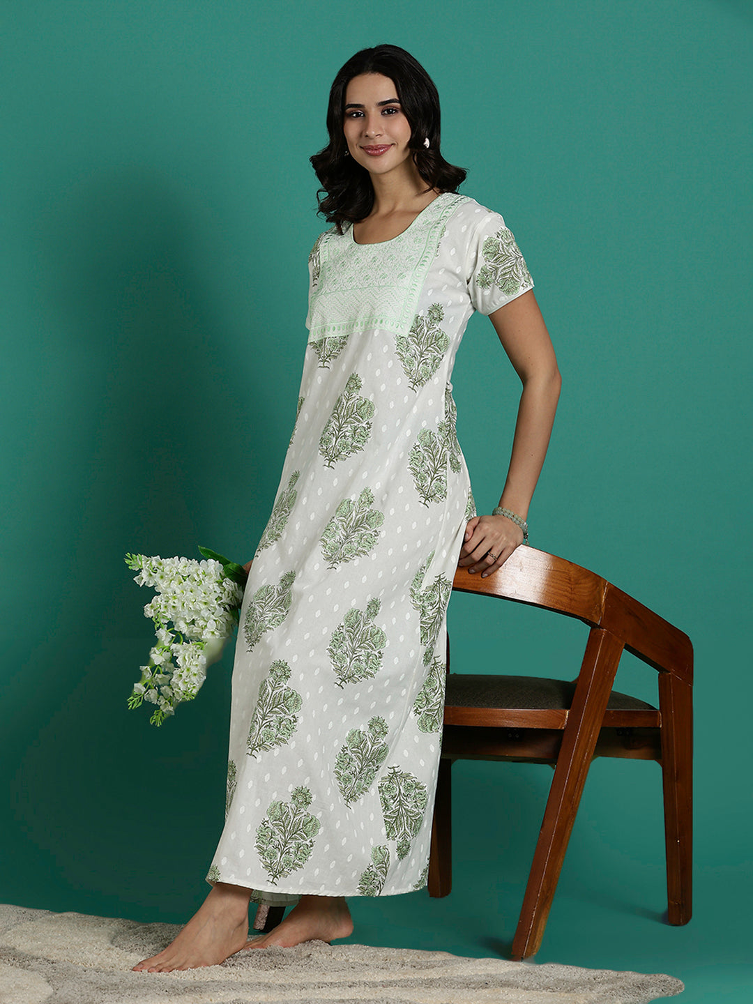 Rose Printed Pure Cotton Night Dress for Women