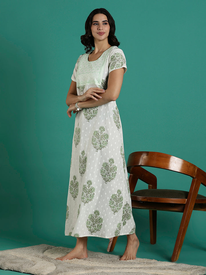 Rose Printed Pure Cotton Night Dress for Women