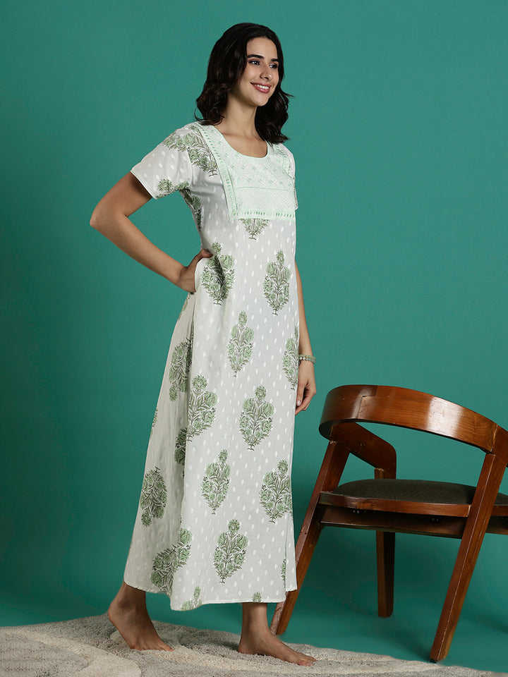 Rose Printed Pure Cotton Night Dress for Women